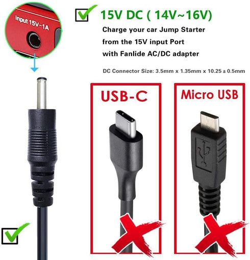 DC 15V 1A Adapter Charger for Car Jump Starter, Peak 450A 500A 600A 800A 1000A Auto Battery Booster Jump Starter Charger...