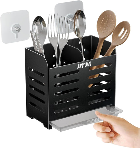 Kitchen Utensil Holder for Countertop with 2 Compartments,Wall Mount Utensil Drying Racks,Self Adhesive Utensil Caddy with Drain Tray, Black Hangi...