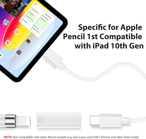 Pencil Charger Adapter for Apple Pencil 1st Generation, USB C to for Lightning Adaptor Charging Dongle Connector Accessories Bluetooth Pairing Onl...