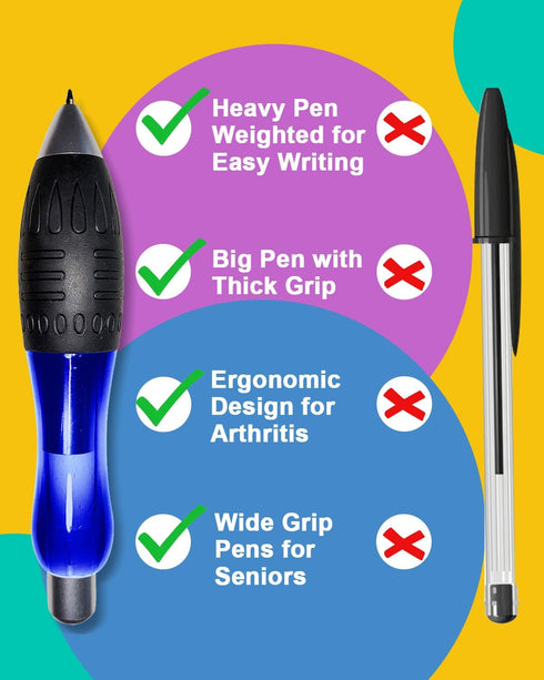 3-Ounce Fat ?????????? ???????????????? Pens for Arthritis Parkinson's Carpal Tunnel Tremors Wide Grip, Thick Barrel, Easy to Hold Blue (2 Pens + ...