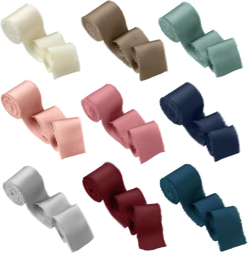 Chiffon Ribbon Silk Satin Ribbon 1 1/2 Inch x 3 Yd Handmade Fringe Chiffon Frayed Edges Ribbons Set 9 Rolls Fabric Ribbon for Wedding Invitations,...