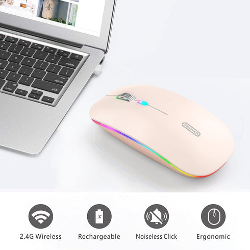 Uiosmuph LED Wireless Mouse, G12 Slim Rechargeable Silent Mouse, 2.4G Portable Optical Computer Mice with Receiver and Type C Adapter (Nude Pink)...