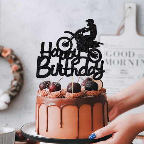 Qerleny Black Flash Happy Birthday Cake Topper, Birthday Party Cake Decoration, Sports Theme Cake Topper ?Motocross?...