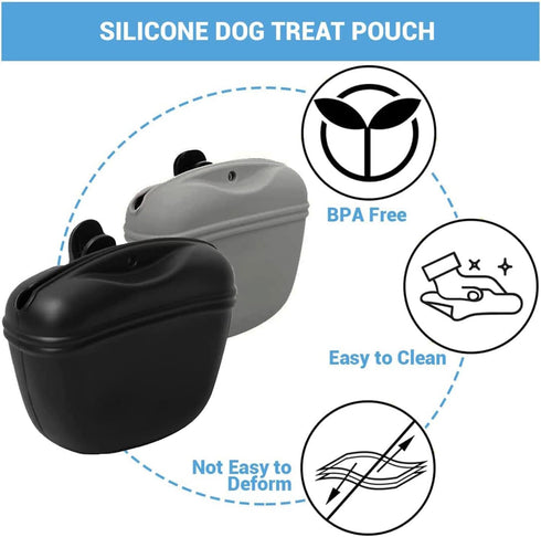 Silicone Dog Treat Pouch and Dog Clickers,Dog Training Pouch Bag with Magnetic Buckle Closure and Waist Clip for Treats,Leash,Walk (Black&Grey 4PC...