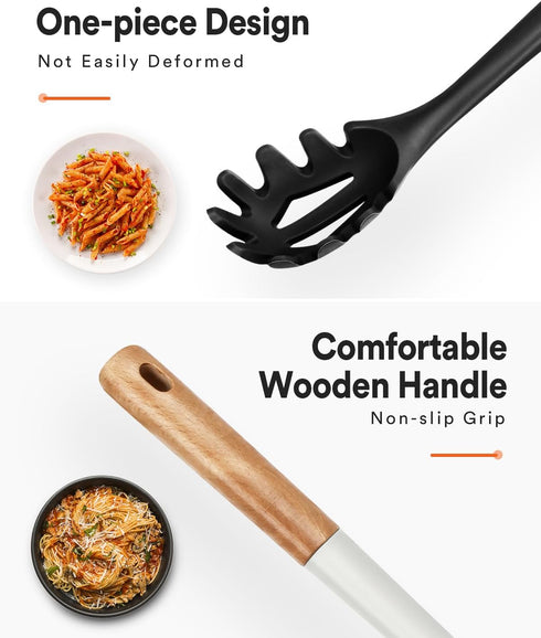 Silicone Pasta Fork, Kitchen Heat Resistant Noodle Spoon Server, BPA Free Spaghetti Strainer,12.8 inch (Black & White)...