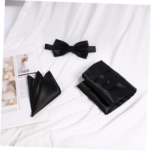 Mens Cummerbund and Bow Tie Set Pocket Square Bow Tie Black Mens Formal Satin Bowtie and Cummerbund Set Gentlemen Suit Accessories for Business We...