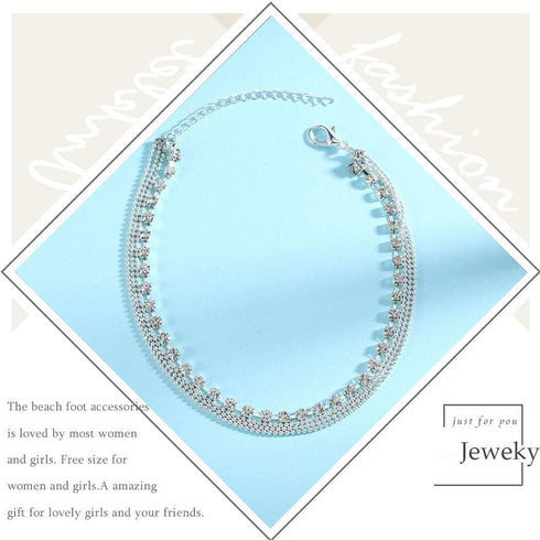 Boho Layered Anklet Rhinestone Beach Ankle Bracelets Silver Foot Chain Jewelry for Women...