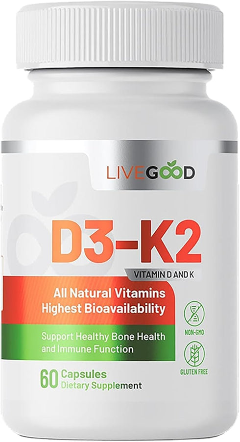 LIVEGOOD™ Vitamin D3 + K2 All Natural Bone, Muscle & Immune System Support, Vegan & Non-GMO, 60 Capsules...