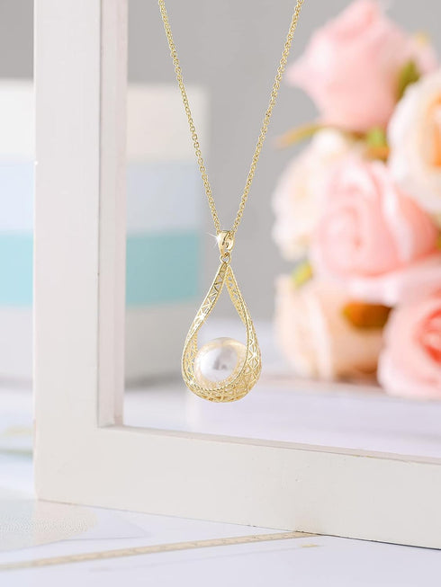14MM Big Pearl Pendant Necklaces for Women Glod Plated Costume Jewelry...