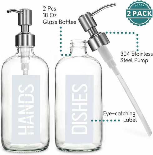JASAI 2Pack 18OZ Glass Soap Dispenser with Rustproof 304 Stainless Steel Pump, Kitchen Soap Dispenser with Hands & Dishes Label, Refillable Dish S...