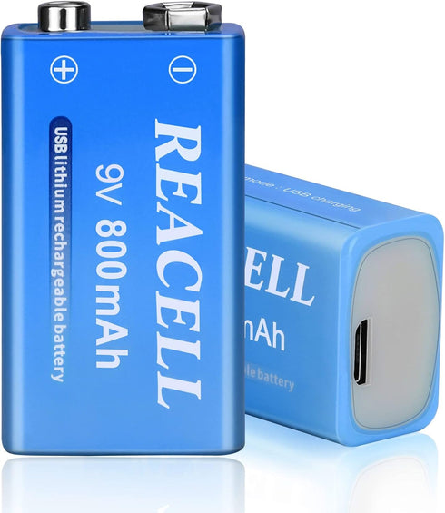 2 Packs Rechargeable 9V Lithium Batteries, 9 Volt Batteries for Smoke Detector, 800mAh 9V USB Charging for Microphones, Walkie-Talkie and Toys...