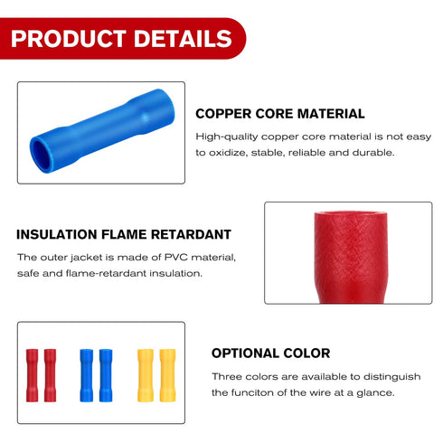 Nilight 200PCS Electrical Butt Connectors AWG 22-10 Insulated Electrical Wire Crimp Connectors Butt Splice Crimp Connectors Blue Red Yellow for Au...