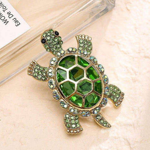 Cute Turtle Brooch Pin Crystal Rhinestones Green Marine Animals Lovely Lapel Pin Dress Accessories Boutonniere Corsage for Hat Bag Gold Tone Great...