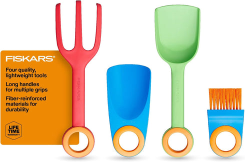 Fiskars Kids Garden Tool Set (4-Piece) - Ages 3+ Educational Toys for Yard Work - Cultivator, Trowel, Scoop and Brush with Organizational Hang Hol...