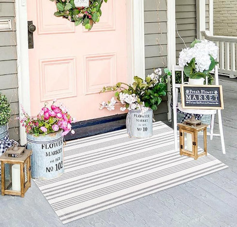 Grey and White Striped Doormat 24'' x 35'' Front Porch Rug Layered Door Mats Machine Washable Indoor Outdoor Rug for Front Porch Hand-Woven Entryw...
