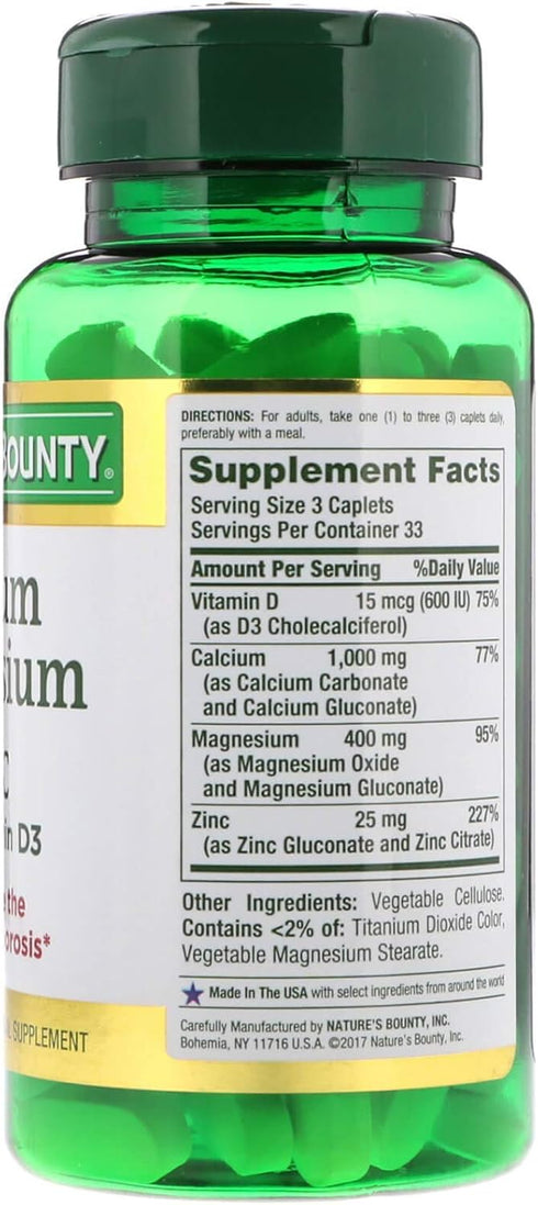 Nature's Bounty Calcium Magnesium & Zinc Caplets, Immune & Supporting Bone Health, 100 Count...