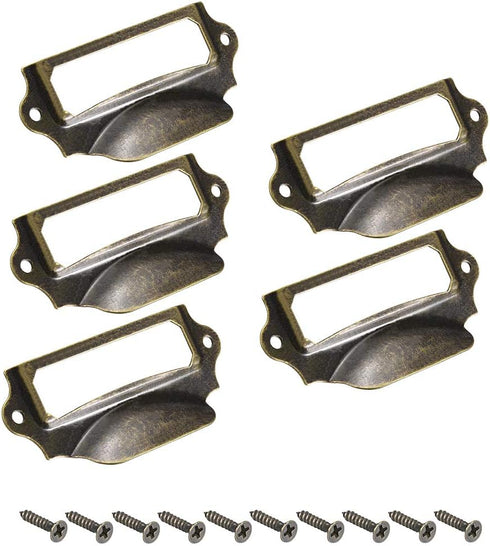 uxcell Label Holder Pull Handles, Vintage Iron Label Frame Drawer Knobs for Cabinet Cupboard, Bronze Tone 90x41mm Pack of 5 Pcs w Screws...