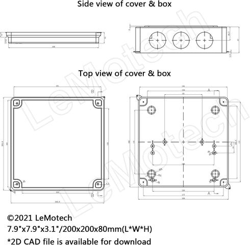 LeMotech ABS Plastic Dustproof Waterproof IP65 Junction Box Universal Electrical Project Enclosure White 7.9 x 7.9 x 3.1 inch (200 x 200 x 80 mm)...