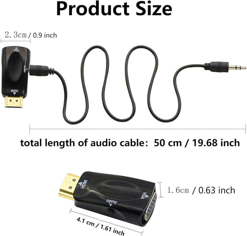 HDMI to VGA Adapter Converter with 3.5mm Audio Jack Cable 50cm VGA Female to HDMI Male Gold Plated Connector for HDTV PC Desktop Monitor Laptop Pr...