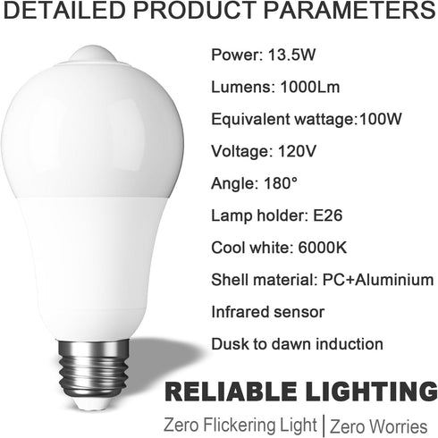 Motion Sensor Light Bulb,Motion Activated Light Bulb,Motion Bulb Indoor,Motion Detector Light,E26 Base Dusk to Dawn Security Night Light Bulb 13.5...