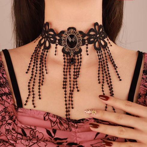 Chargances Stempunk Long Tassle Beaded Necklace Halloween Goth Black Lace Rhinestone Choker Collar Costume Party Prom Vampire Collar for Women and...