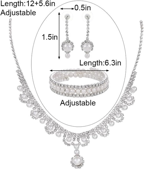 Urieo 3 PCS Pearl Bridal Jewelry Set Silver Rhinestone Necklace Drop Earrings Bangle Bracelet Elegant Costume Wedding Jewelry Accessories Prom Par...