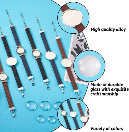 FASHEWELRY 14Pcs PU Leather Cord Bracelet Bezel Tray Blank Flat Round Cabochon Settings Bezel Tray Watch Bands Base Tray Bracelet Blanks with Glas...