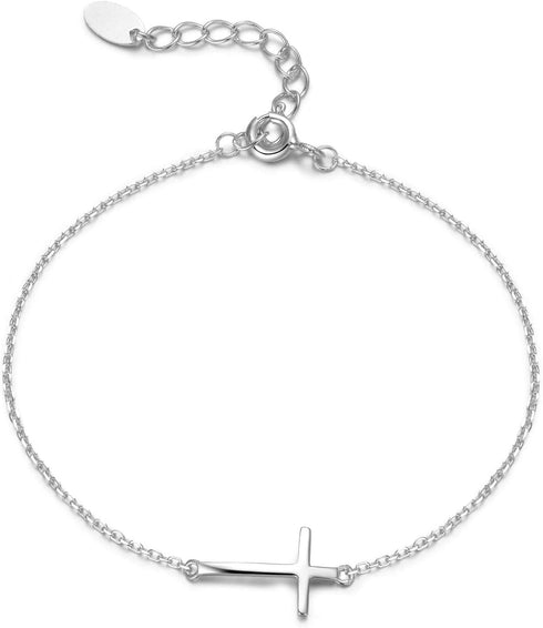 Dainty Sideways Cross Bracelet in Sterling Silver - Celebrity Style Horizontal Cross Bracelet...