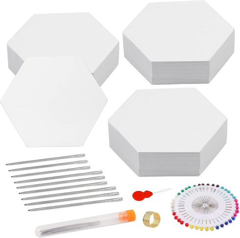 352 Piece Paper Piecing Templates Set, Include 300 1-inch Paper Piecing Hexagons, 9 Large-Eye Pins with Needle Bottle, 40 Positioning Pins, 1 Thim...