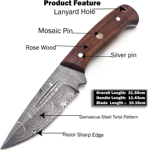Damascus Custom Handmade Hunting Knife Survival Knife - Ideal for Skinning, Camping, Outdoor - EDC Fixed Blade Bush craft Knife with Walnut Wood &...