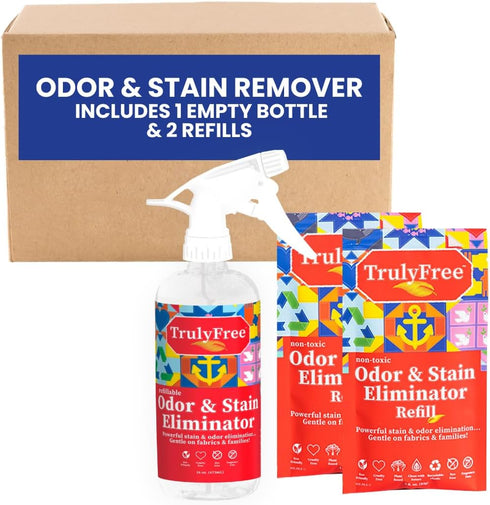 2-Pack TrulyFree Odor & Stain Eliminator - Odor and Stain Remover for Upholstery, Dog Pee, etc - Includes: Empty refillable 16oz Spray Bottle, 2 R...