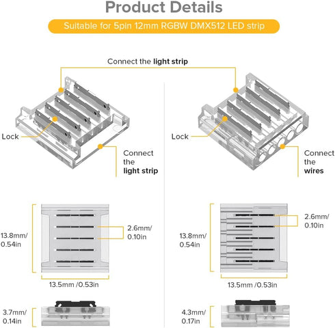 BTF-LIGHTING SMD 5 Pin 12mm 0.47in Width Transparent Connector Kit 8pcs Corner Connector 4pcs Gapless Solderless Connector 4pcs 5.9in Long 22AWG E...