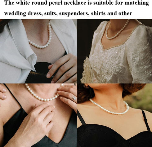 Pearl Necklace for Women, 4/6/8/10mm White Imitation Pearl Necklace, Round Faux Glass Pearl Necklace, Pearl Choker Necklace, Elegant Wedding Parti...