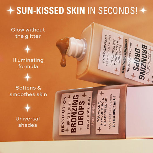Revolution Beauty, Bright Light Bronzing Drops, Bronze & Glow Face & Body Drops Infused with Hyaluronic Acid, Bronze Scorched, 0.77 Fl. Oz....