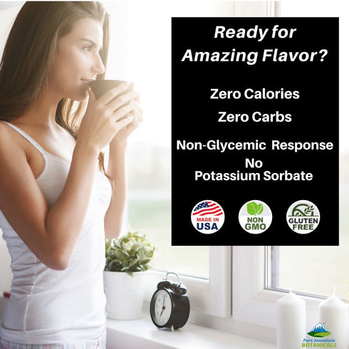 Pure Mountain Botanicals Organic Liquid Stevia Sweetener – Alcohol Free and Kosher Sweet Sugar Substitute Stevia Drops - 2oz Glass Bottle...