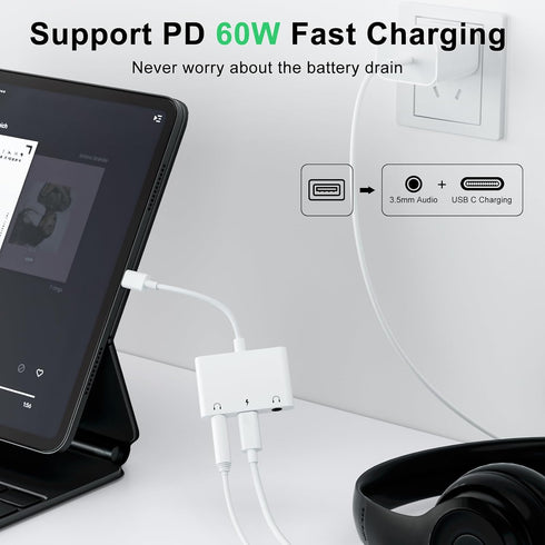 iPad Headphone Adapter, Headphone Splitter for 2 Headphones,3 in 1 USB C to 3.5mm Jack Audio Adapter with 60W Fast Charging Compatible with S24/23...