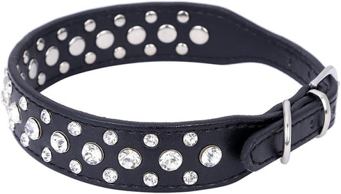 Dogs Kingdom 10"-24" Length Personalized Rhinestone Leather Bling Crystal Pet Dog Cat Collars for Small Medium Breeds Black XL...