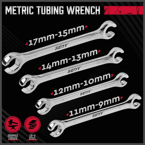 SEDY 4-Piece Flare Nut Wrench Set, Offset End Spanner Metric 9 10 11 12 13 14 15 17mm, CR-V Steel Storage Pouch Repair and Remove Nuts on Fuel Tub...