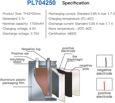 3.7V 1700mAh 704250 Lithium Polymer Ion Battery Rechargeable Lipo Battery with PH 2.0mm Pitch Connector...