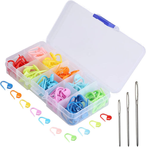 JOSDIOX 150 Pieces Knitting Crochet Locking Stitch Markers and 3 Big Eye Metal Yarn Needles, Stitch Needle Clip Counter 10 Colors (Color Ship Rand...