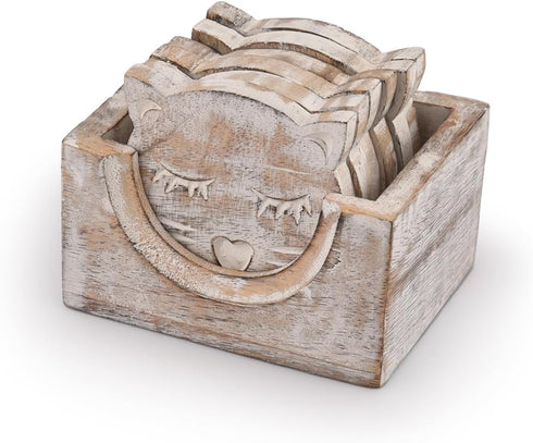 NIRMAN Wooden Crafted Unique Adorable Cat Shaped Coasters Set of 6 with Holder, Bar Dining Table Home Décor...