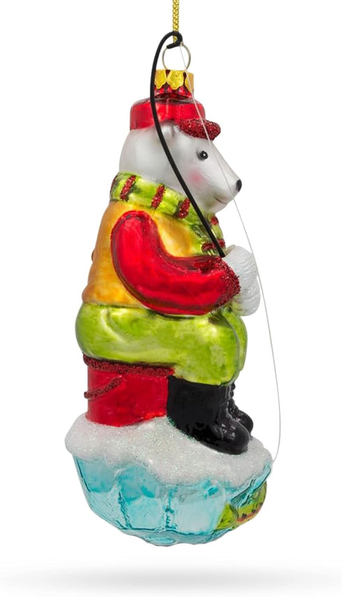 Polar Bear Ice Fishing Blown Glass Christmas Ornament...