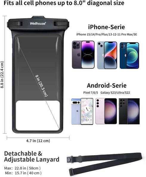 wellhouse Waterproof Phone Pouch, Waterproof Phone Case for iPhone 15 14 13 12 Pro Max XS Samsung, IPX8 3D Cellphone Dry Bag Beach Essentials Blac...