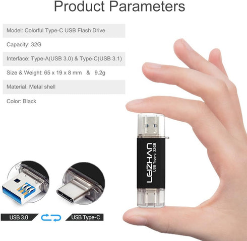 LEIZHAN USB C Flash Drive 32GB Type C Thumb Drive for Samsung Galaxy S10, S10e, S9, S8, S8 Plus, LG G5 G6, Google Pixel XL Data Storage Photo Stic...