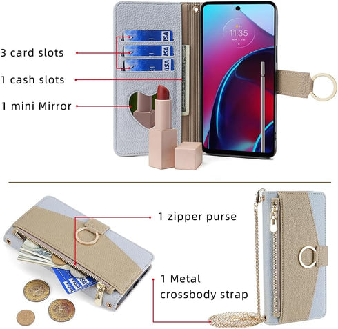 Asuwish Phone Case for Moto G Stylus 2022 4G Wallet Cover with Screen Protector and Mirror Flip Cover Ring Credit Card Holder Crossbody Strap Cell...
