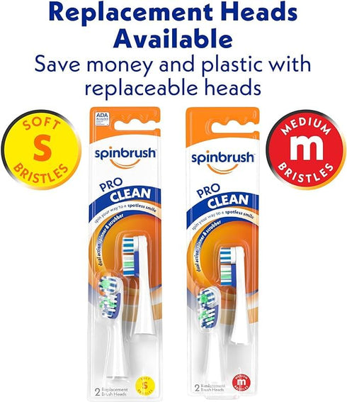 Spinbrush Pro Clean Battery-Powered Electric Toothbrush Value Pack, Soft Bristles, Batteries Included, 1 Brush & 1 Replacement Head...