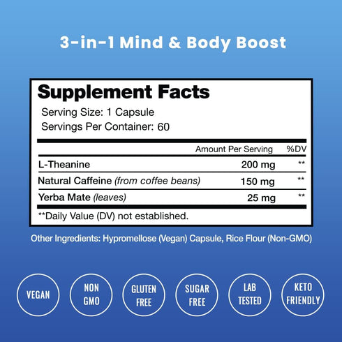 Caffeine Pills with L-Theanine for Focused Energy | Smooth & Clean Energy Supplement for Focus & Performance | No Crash, No Jitters | Nootropic Br...