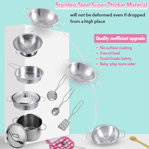 Play Pots and Pans Toys for Kids Kitchen Playset Pretend Cookware Utensils Play Set Play Cooking Toys Mini Stainless Steel Cooking Utensils Toys K...