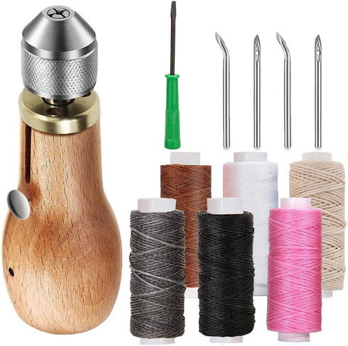 12 Pieces Portable Sewing Awl Kit,Stitching Awl Hand Stitcher Repair Tool Kit for Leather, Heavy Fabrics and Canvas with Needles(Straight and Curv...