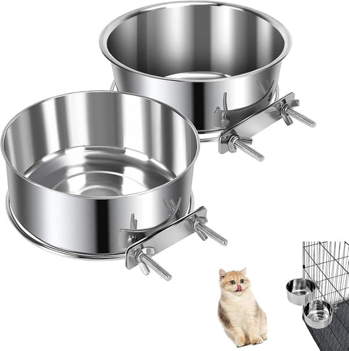 2 PCS Stainless Steel Pet Bowls Anti-Spill Metal Feeder Food and Water Feeding Bowl, Hanging Pet Cage Crate Bowl for Puppy Kennel Medium and Large...